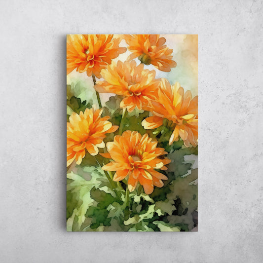 Chrysanthemum Watercolor – Orange Floral Botanical Art