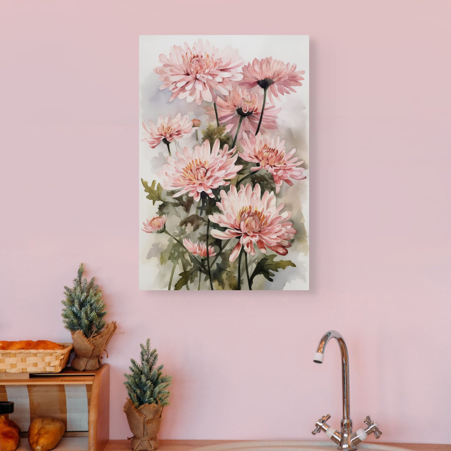 Chrysanthemum Watercolor – Peach Floral Botanical Art